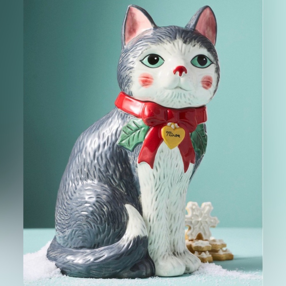 Anthropologie Peluche Festive Cat Cookie Jar with‎ Red Bow